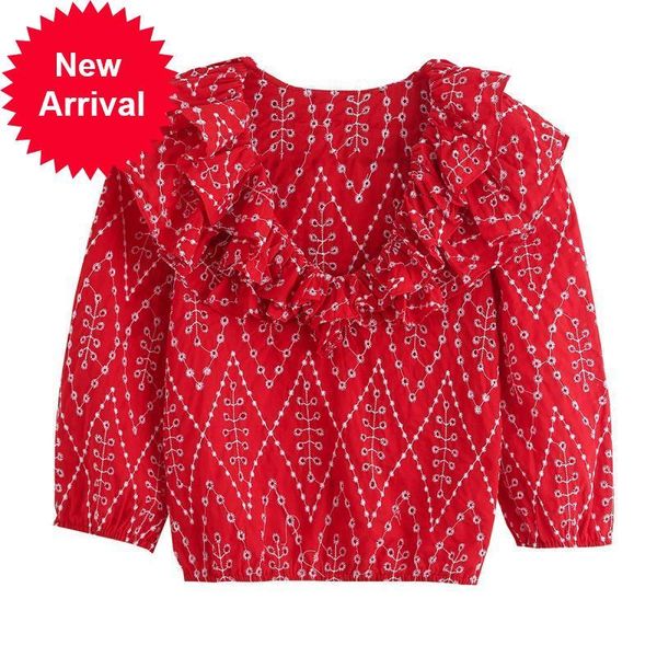 

2021 new design of the feminine brand sweetly embroidered ruffled red shirt summer elegant party blouse clothes itod, White