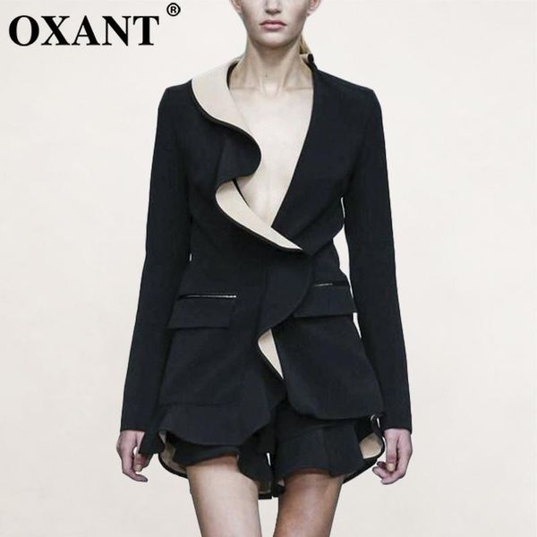 

oxant patchwork ruffles women's blazer coat v neck long sleeve jacket female 2020 autumn fashion clothes, White;black