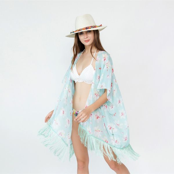 

new simple wind green safflower fringe seaside holiday bikini cover up and sun protection cardigan, Blue;gray