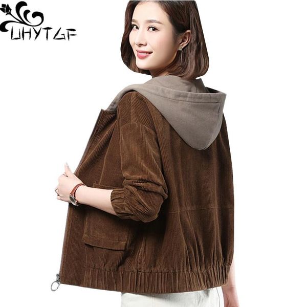 

women's jackets uhytgf spring autumn jacket fashion corduroy hooded women short coat solid color loose thin 3xl plus size outerwear 127, Black;brown