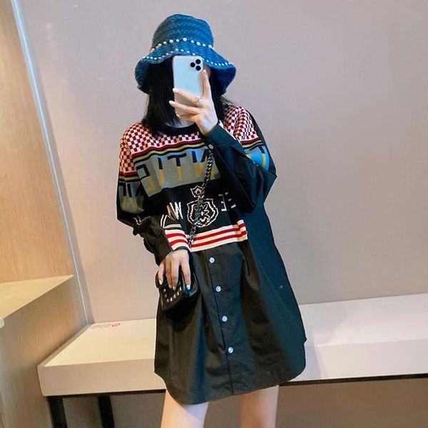 

women's autumn new loose stitching fake two-piece mid-length knitted printed pullover shirt, White