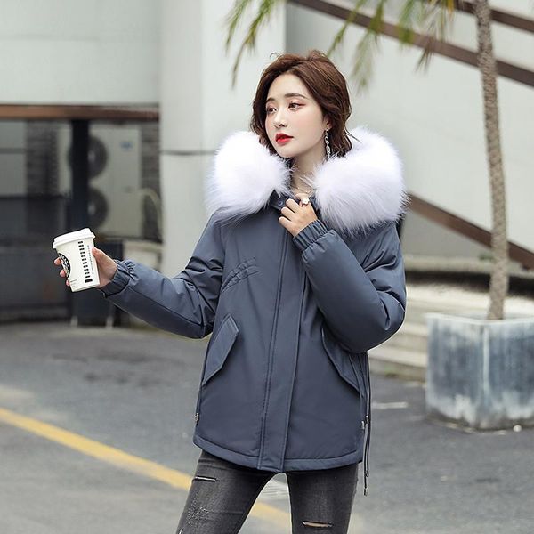 

short women's winter jacket velvet liner thicken hooded parka women slim big fur collar warm outerwear women coat parkas female, Black