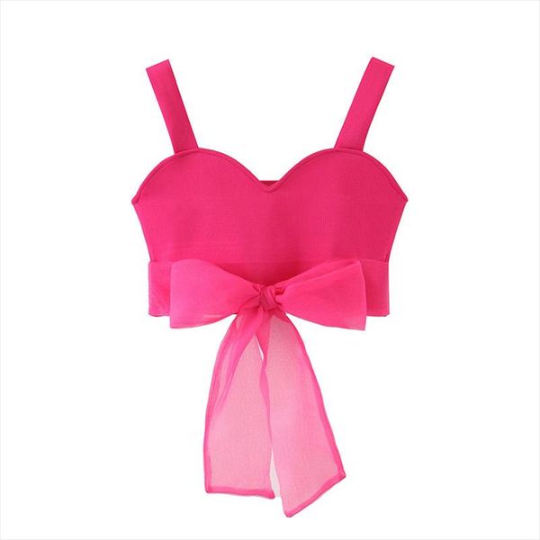 

organza bow cropped knitted blouses backless v neck straps female shirts spliced rose red chic, White