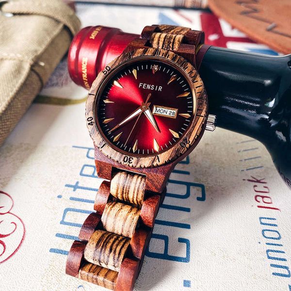 

fensi new watch fensil calendar men's week quartz watch sandalwood watch, Slivery;brown