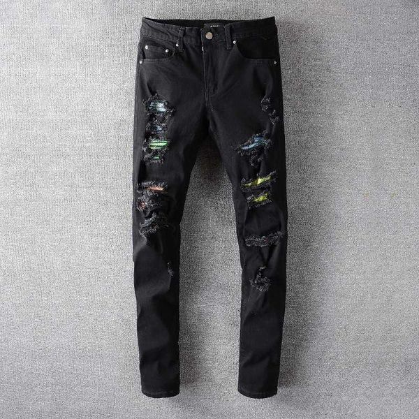 

street fashion men's jeans with holes patched with cloth nightclub hip hop slim pants men's trendy pants, Black