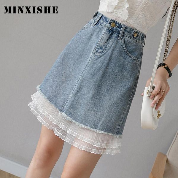 

new women skirt 2020 plus size spring summer jeans high waist mini faldas a-line denim patchwork mesh short ladies skirts1, Black