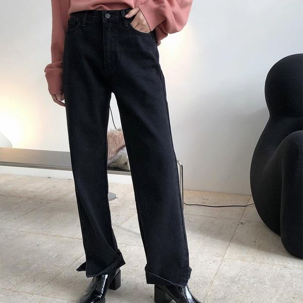 

autumn and winter women's casual solid color high waist loose jeans, Blue