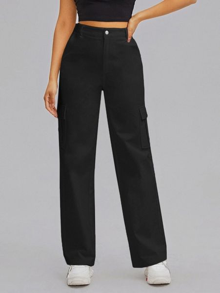 

flap pocket side solid pants w8gc#, Black;white