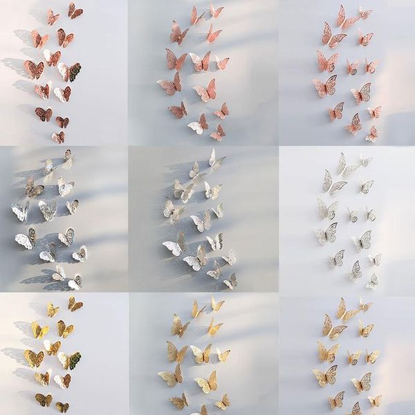

12 шт. / установить hollowd 3d butterfly наклейка на стену для украшения свадебные украшения гостиная окна домашний декор золотые серебряные