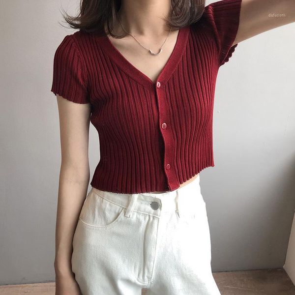 

2020 summer new high waist short thin knit slim v-neck short sleeve knitted small cardigan women1, White