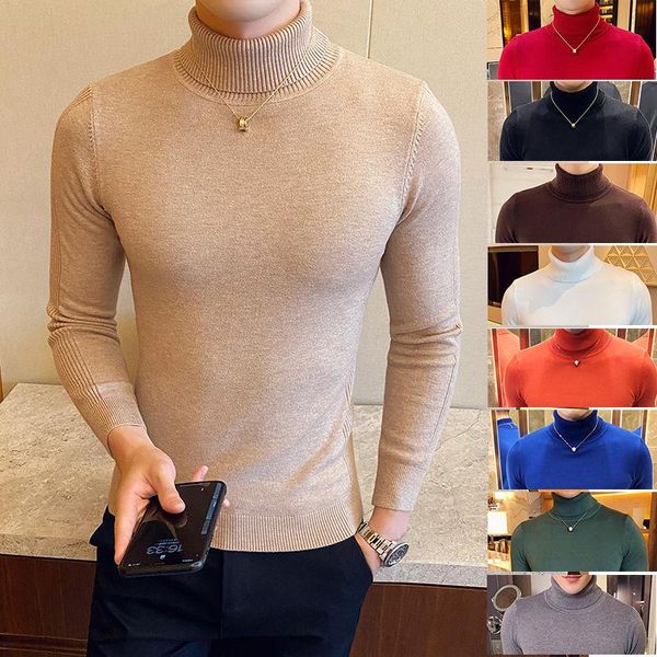 

winter brand sweater men bottoming shirt solid color slim fit double turn high collar knitted for knitwear khaki turtleneck, White;black