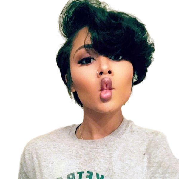

short bob remy black wig side part little lace front human hair wigs ombre brazilian pixie cut machine wigs for women, Black;brown