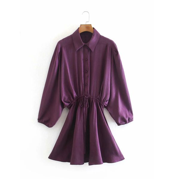 

2021 new purple mini shirt women autumn long sleeve collared ruched short dress woman elastic waist vintage casual dresses j4kg, Black;gray