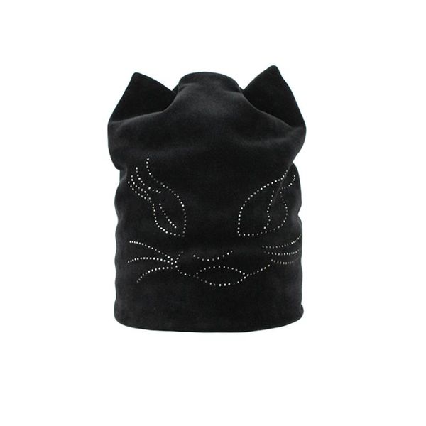 

flb] autumn winter women's beanies cat hat ladies warm velvet skullies cap with flashing rhinestone bonnet girls cute f18049 bbyzjr, Black;white