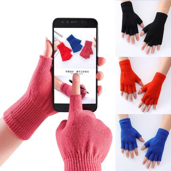 

2020 half finger gloves winter warm knitted mittens inside velvet fingerless gloves solid color wool stretch short1, Blue;gray