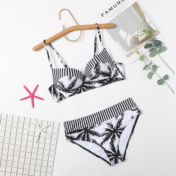 

2021 new hard pack print high waist split bikin bikini swimsuit, White;black