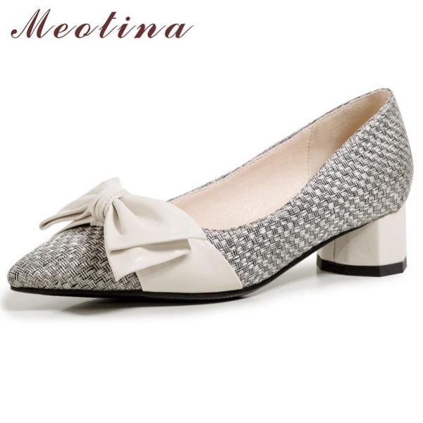 

meotina women shoes bow pointed toe mid heel pumps shallow elegant dress shoes ladies block heels female footwear spring blue 46, Black