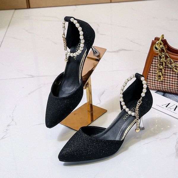 

new beaded pointed toe hollow office career high heels autumn summer korean version shoes for wedding women pumps thin heels #rw7q, Black