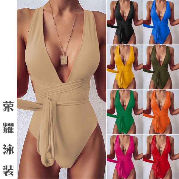 

ladies 2020 solid color one-piece swimsuit strap swimwear bikini, White;black