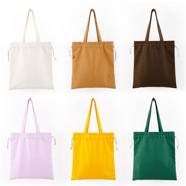 

women canvas casual shoulder bag pleated drawstring shopping environment-friendly bag female solid color large capacity book bag 67 o2