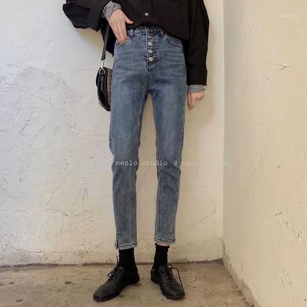 

high waist jeans women 2020 spring new single-breasted slim ladies casual trousers solid harajuku skinny denim pants crop pants1, Blue