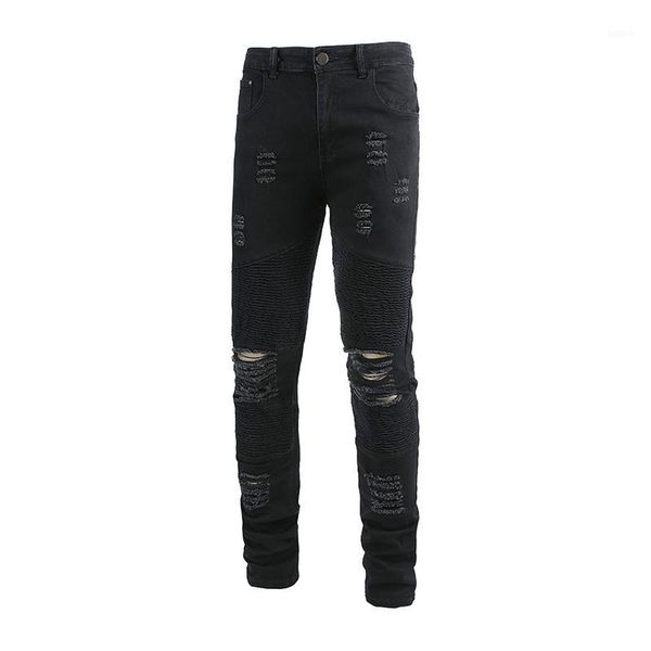 

sokotoo men's holes ripped pleated biker jeans for motorcycle black stretch denim slim skinny pants1, Blue