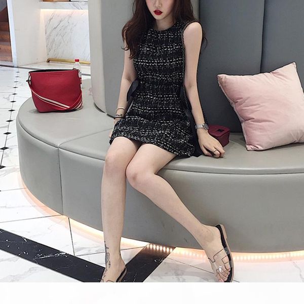 

perhaps u tweed dress elegant side bow a-line dresses black plaid sleeveless summer o neck mini dress d0845, Black;gray