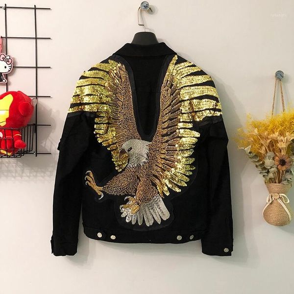 

new denim jacket 3d eagle print sequined nightclub web celebrity chic jacket1, White;black