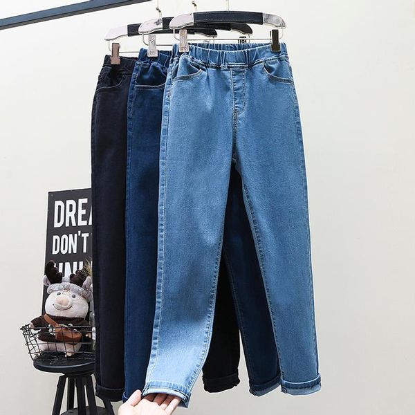 

plus size woman jeans trousers casual elastic high waist denim pants pantalon femme streetwear vintage mom jeans solid 5xl q3413, Blue
