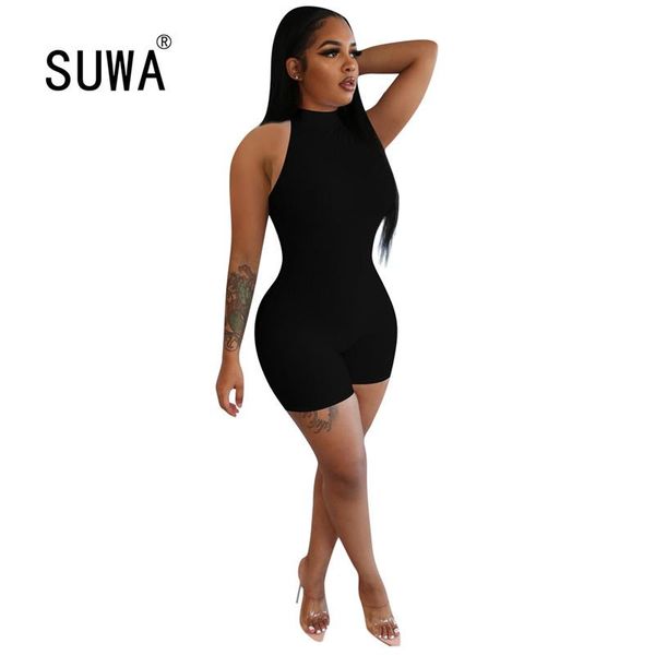 

women's jumpsuits & rompers 2021 women fashion simple solid-color neck sling sleeveless tight club party playsuits high street lady bod, Black;white