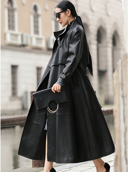 

nerazzurri black long faux leather trench coat for women belt raglan sleeve spring autumn coat women plus size loose overcoat lj201127