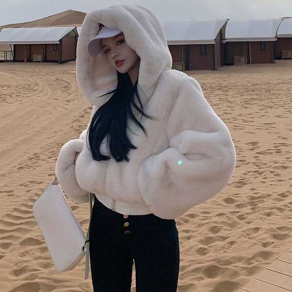 

women's fur & faux furry coat for women cropped jacket short artificial hooded warm winter white clothes overcoat, Black