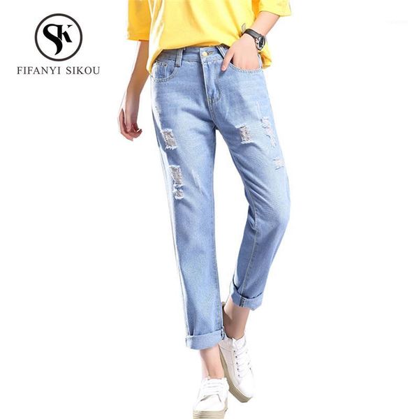 

2020 jeans for women fashion high waist jeans woman elastic plus size ripped female casual washed denim straight pants1, Blue