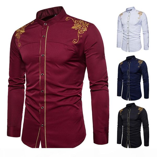 

men fashion casual shirt long sleeve comfort cotton slim embroidery design social business shirt brand clothing, White;black