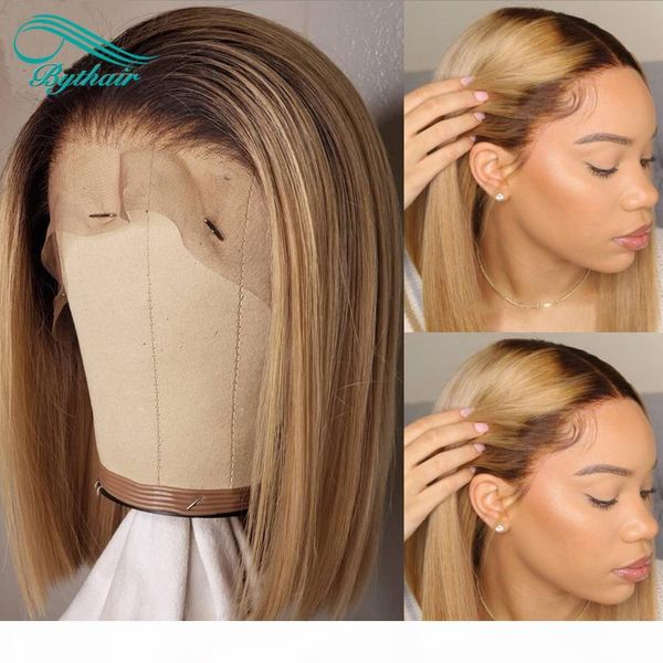 

short bob straight lace front wigs for black women ombre color pre plucked natural hairline human hair full lace wig, Black;brown