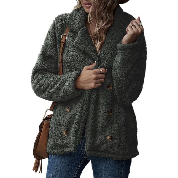 

fur coat women lapel fluffy fur casual loose warm winter coats long sleeves plain jacket button coats and jackets, Black