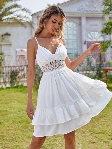 

lace insert layered hem cami dress q4op#, Black;gray