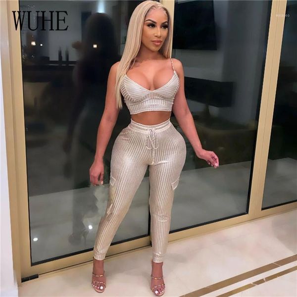 

wuhe knitted strip women white two piece set spaghetti strap sleeveless short crop and skinny pencil pants clubwear1, Gray