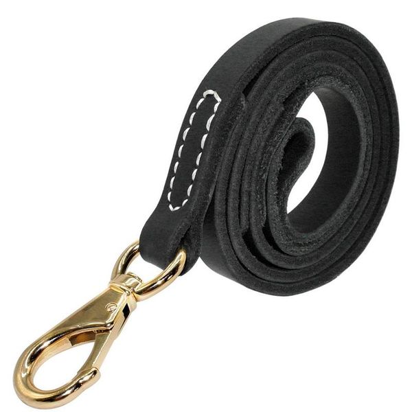 

heavy duty handmade leather dog leash lead dark brown black with gold hook for walking training all dog breeds sqcmed