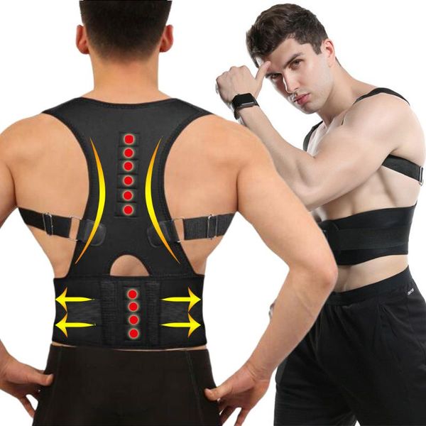 

back support magnetic brace posture correction neoprene waist training corset shoulder spine straighten fitness trimmer, Black;blue