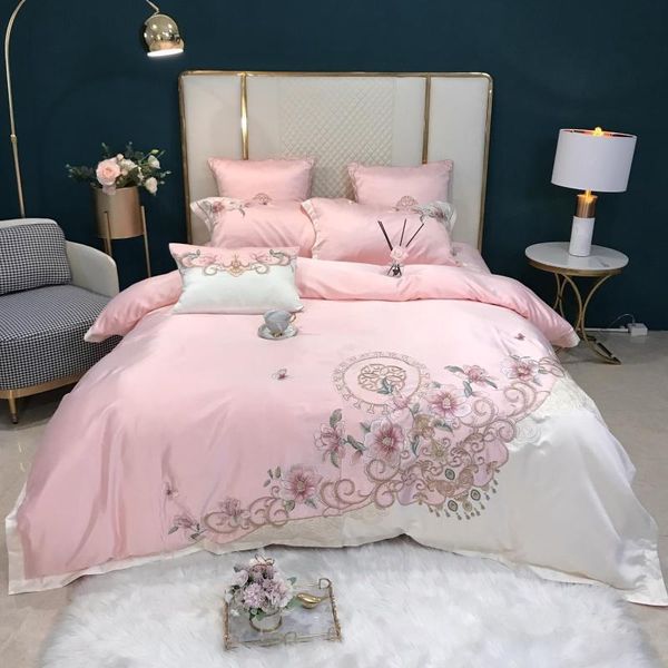 

pink white chic flower embroidery silk cotton bedding sets duvet/quilt cover fitted bed sheet pillowcases luxury home textile