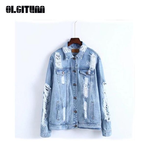 

women's jackets olgitum 2021 women demin jacket autumn long sleeve solid hole for jeans female jk597, Black;brown