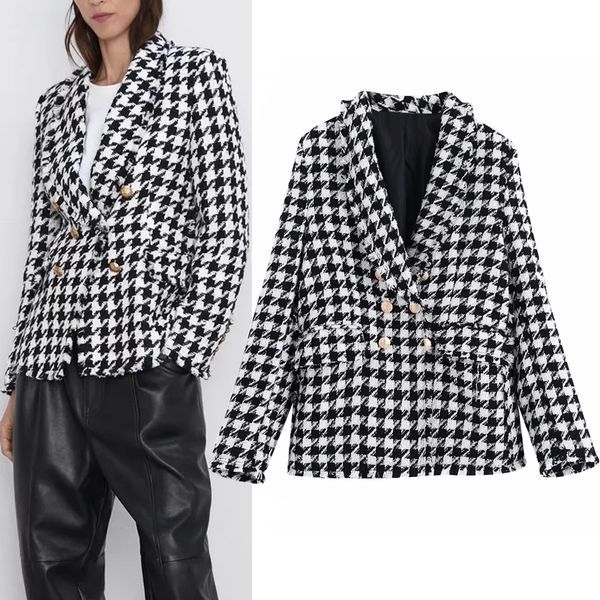 

2021 new vintage houndstooth tweed women long sleeve double breasted blazer woman office ladies elegant coats 1zzu, White;black