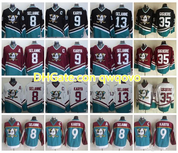 

vintage anaheim mighty ducks hockey jerseys 8 teemu selanne 9 paul kariya 35 jean-sebastien giguere 13 selanne 1998 ccm jersey, Black;red