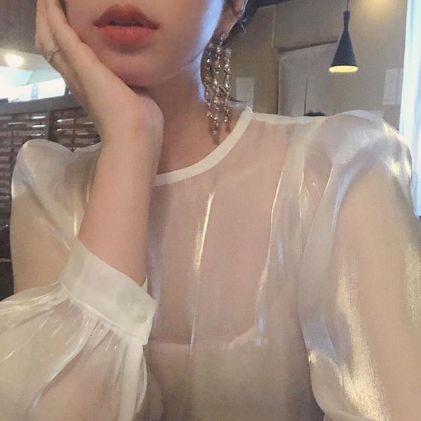 

beautiful pearls glaze look sheer women blouse puff sleeve shirt vintage sheer chemise femme chemisier blusa mujer camisa, White