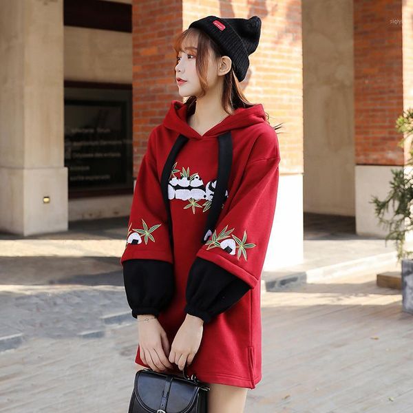 

focal20 streetwear panda embroidery women fleece hoodies patchwork female hooded sweatshirt tracksuit warm winter lady pullovers1, Black