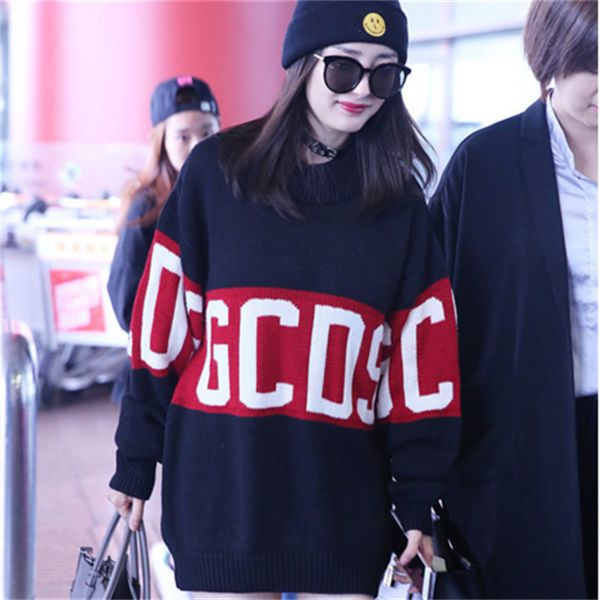 

autumn winter new yangmi star same style pullover thickened loose gcds letter sweater for men and women, White;black