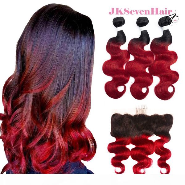 

brazilian malaysian remy body wave ombre hair 1b red 3pcs with 13x4inch lace frontal peruvian indian dark root red virgin human hair wefts, Black