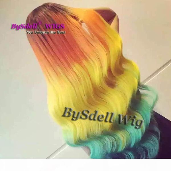 

long loose wave rainbow color hair wig harajuku style synthetic black root ombre orange yellow blue color hair lace front wigs for woman