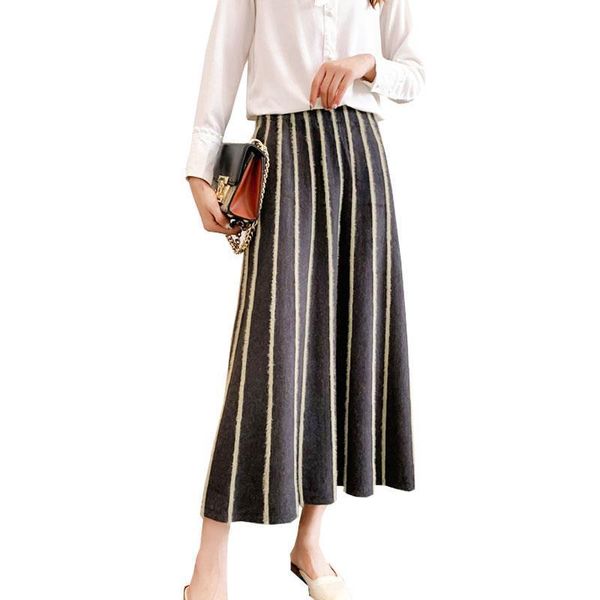 

2019 women knitting a-line skirt high waist vintage striped women winter warm long skirt good quality faldas jupe femme saia, Black